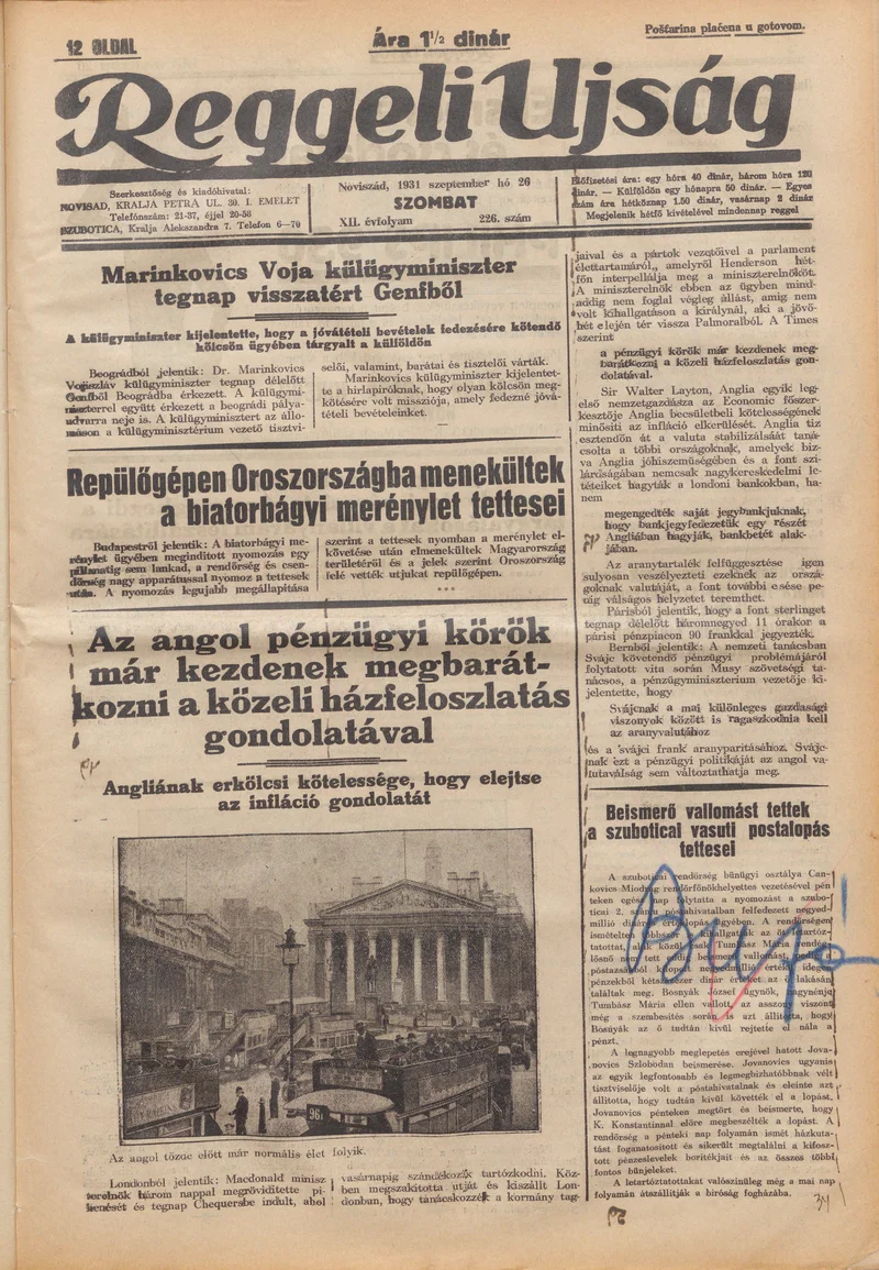 Reggeli Újság, 12. évf. 1931. szeptember 26. 226. sz.