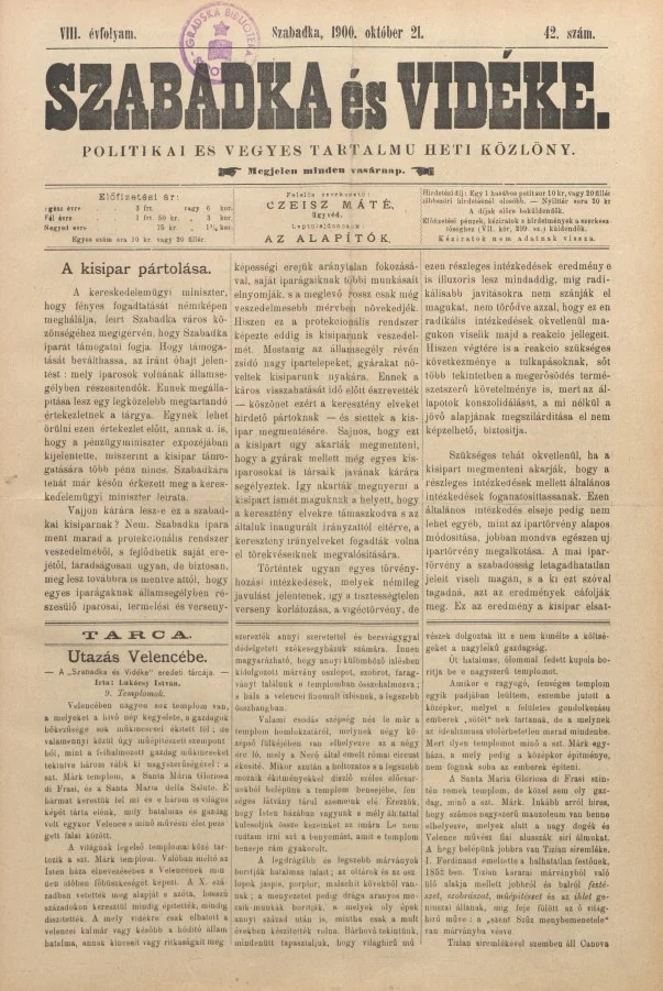 Szabadka és vidéke II, 8. évf. 1900. október 21. 42. sz.