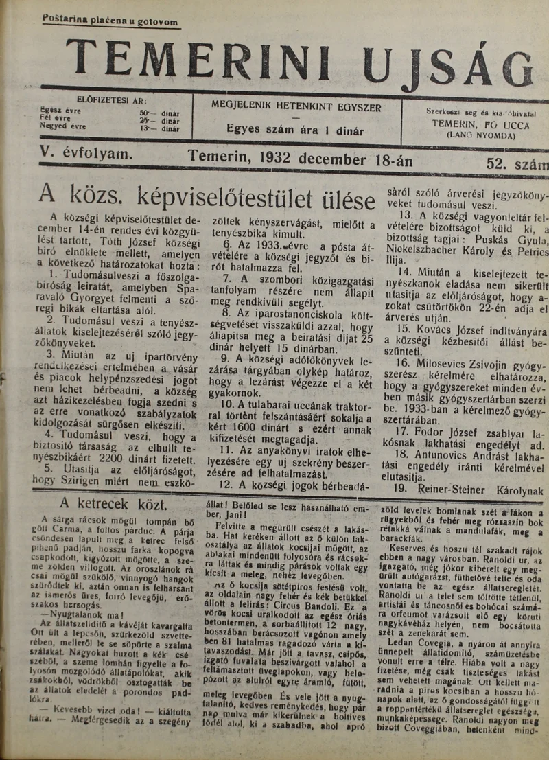 Temerini Újság 1928-1944, 5. évf. 1932. december 18. 52. sz.