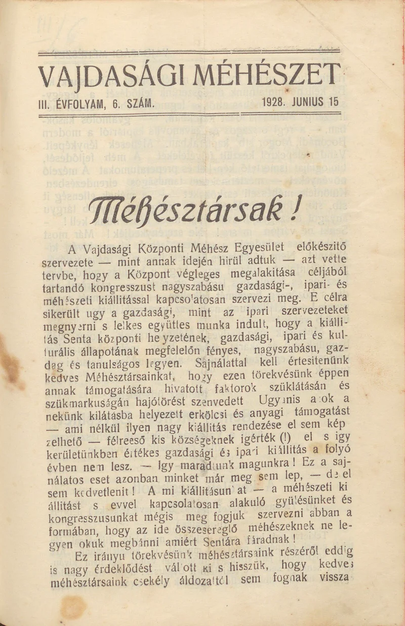 Vajdasági méhészet, 3. évf. 1928. június 15. 6. sz.