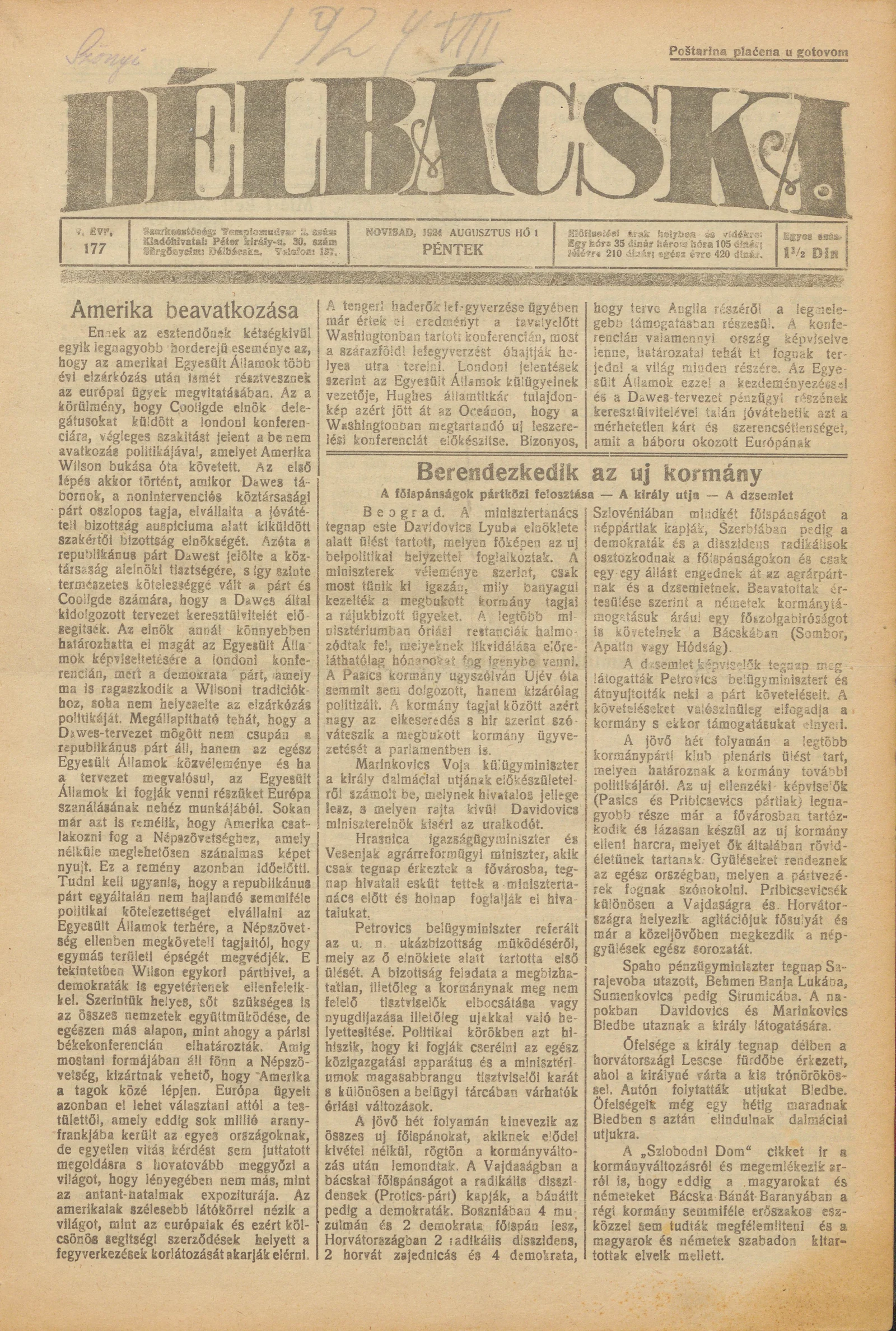 Délbácska, 5. évf. 1924. augusztus 1. 177. sz.