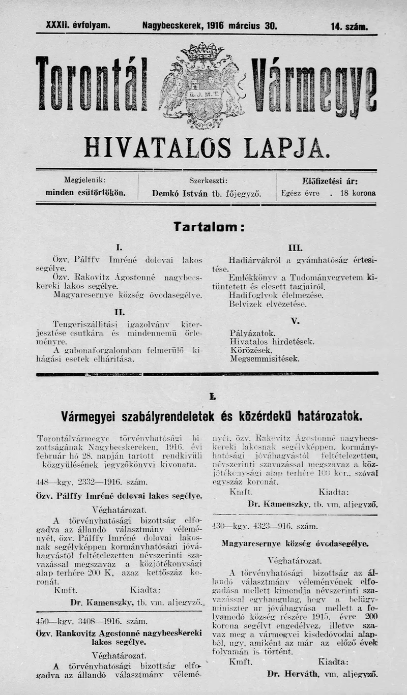 Torontál Vármegye Hivatalos Lapja, 32. évf. 1916. március 30. 14. sz.
