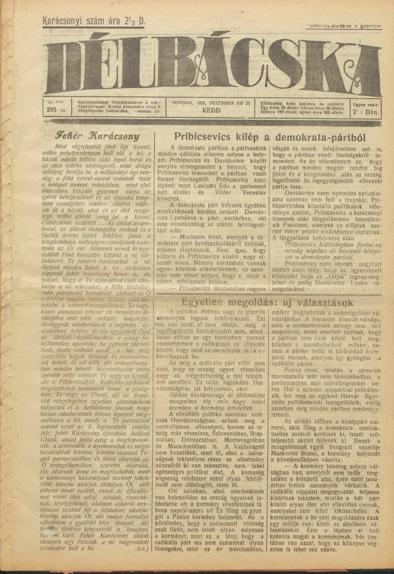 Délbácska, 4. évf. 1923. december 25. 295. sz.