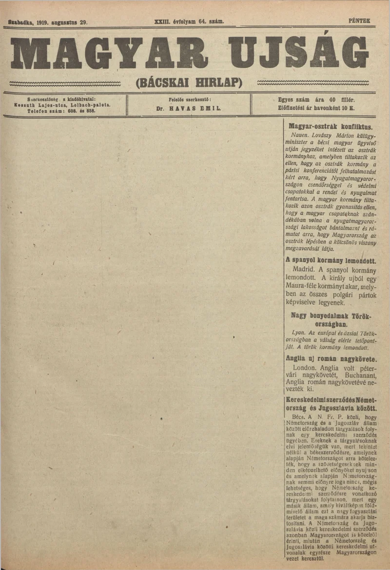 Bácskai Hirlap, 23. évf. 1919. augusztus 29. 64. sz.