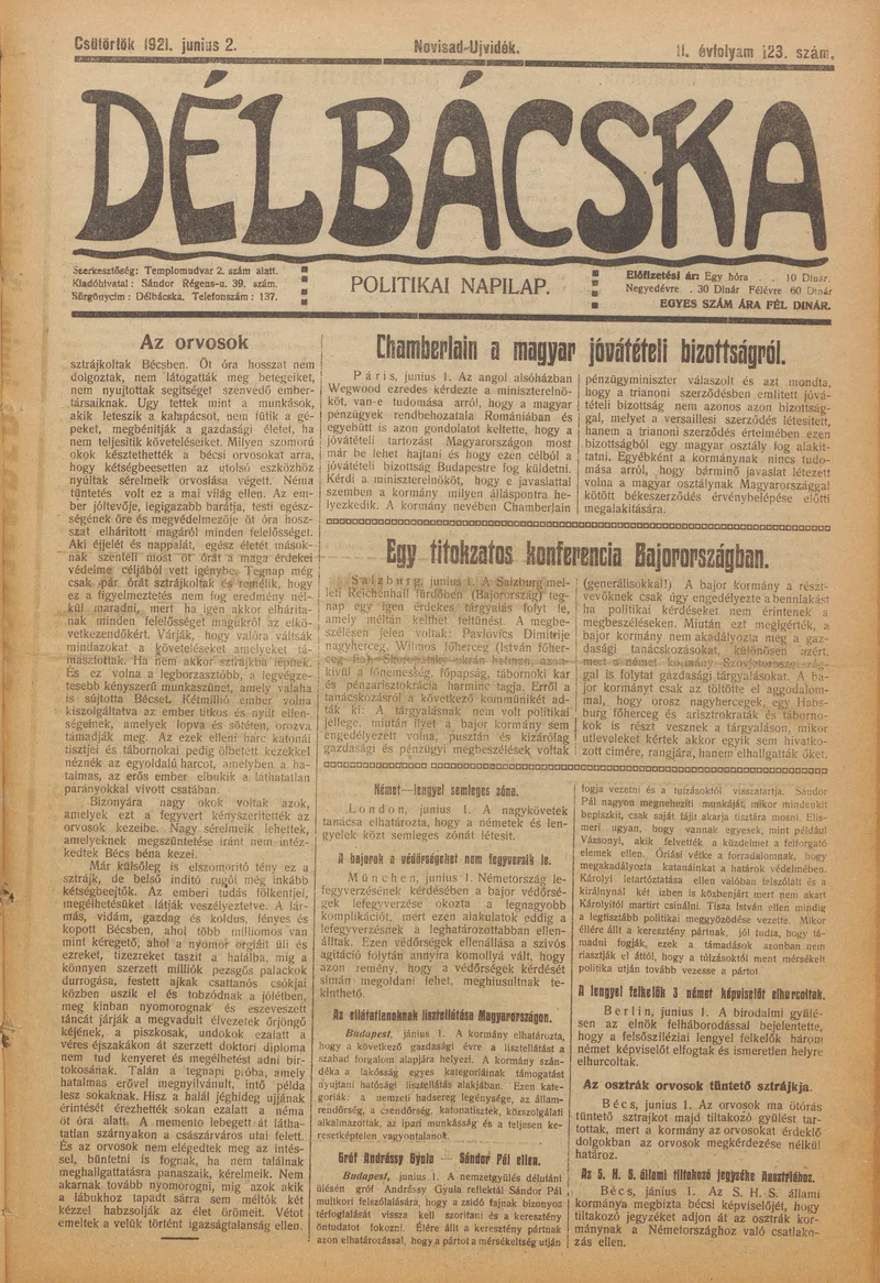 Délbácska, 2. évf. 1921. június 2. 123. sz.