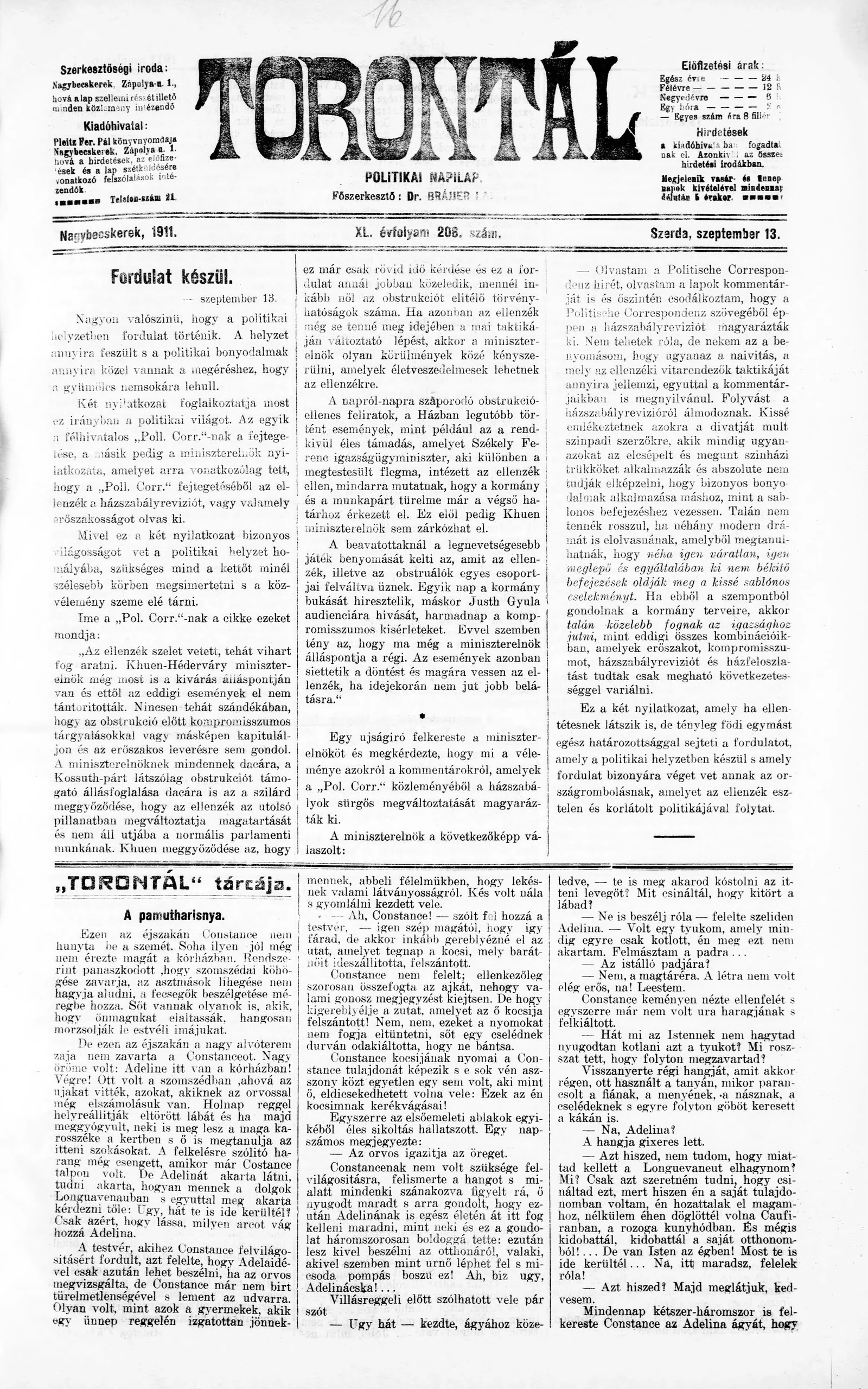 Torontál, 40. évf. 1911. szeptember 13. 208. sz.
