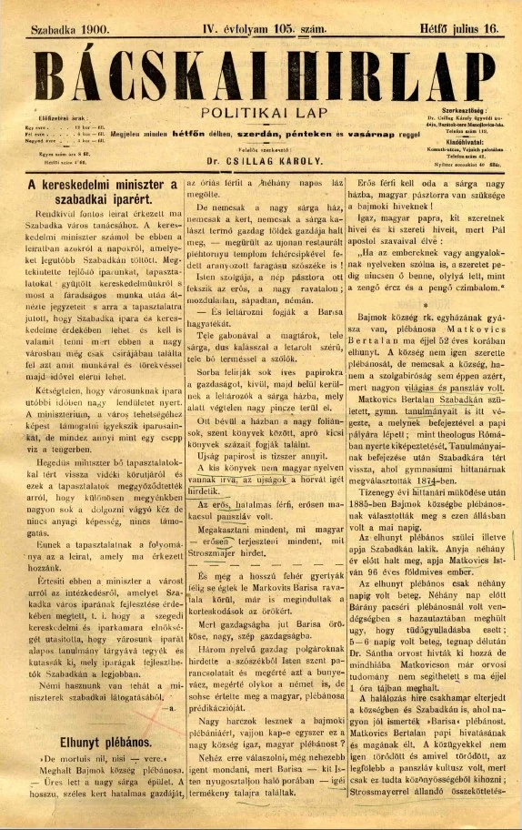 Bácskai Hirlap, 4. évf. 1900. július 16. 105. sz.