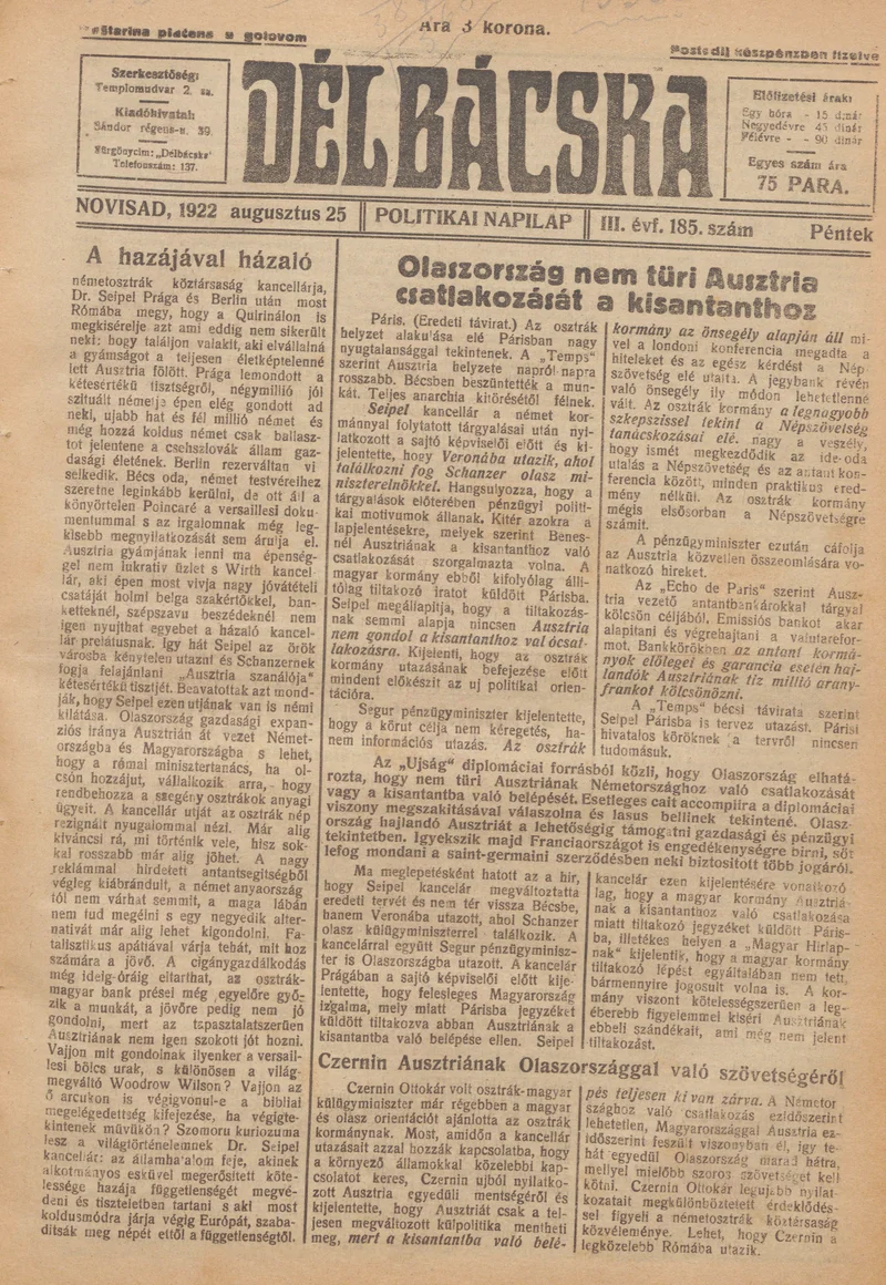 Délbácska, 3. évf. 1922. augusztus 25. 185. sz.