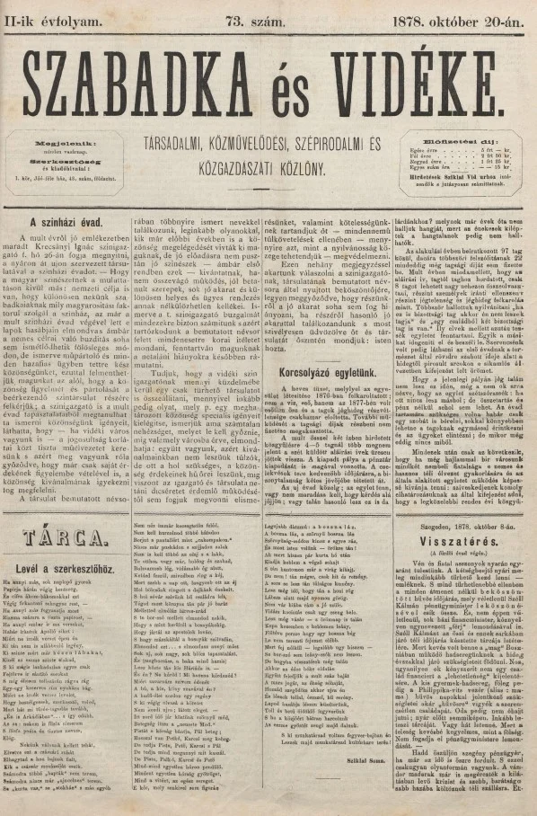 Szabadka és vidéke, 2. évf. 1878. október 20. 73. sz.