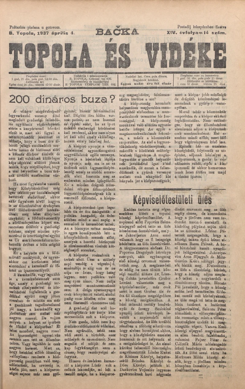 Bačka Topola és Vidéke, 14. évf. 1937. április 4. 14. sz.