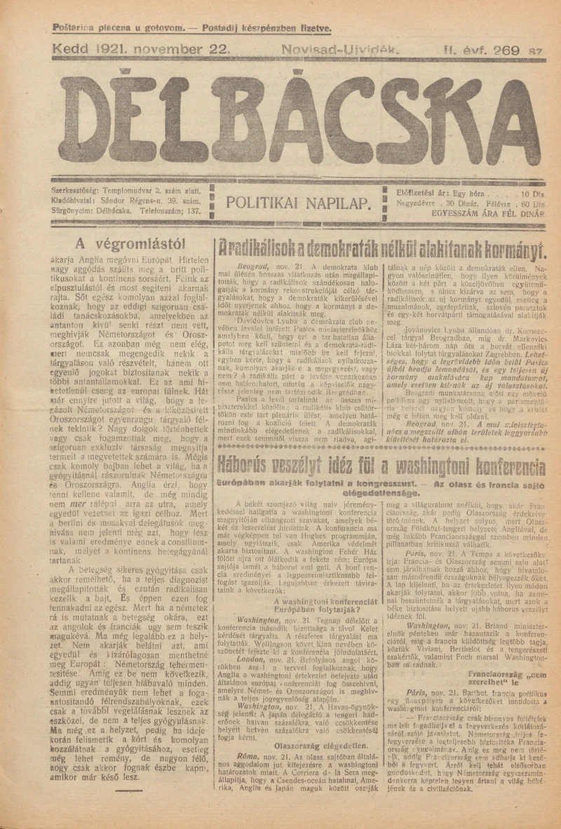 Délbácska, 2. évf. 1921. november 22. 269. sz.
