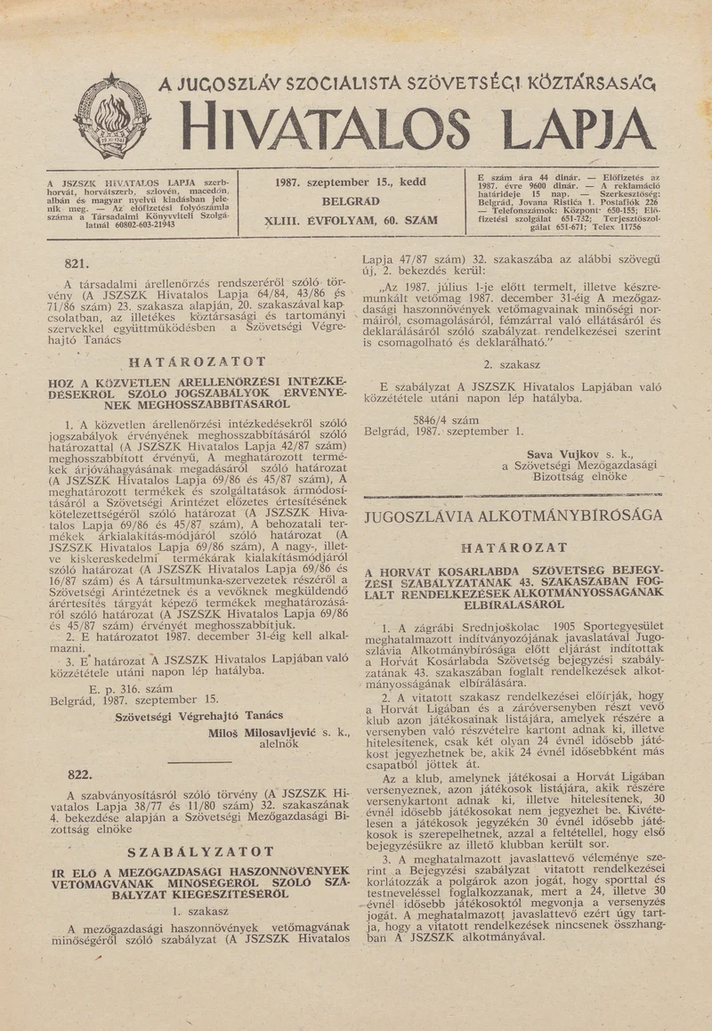 A Jugoszláv Szocialista Szövetségi Köztársaság Hivatalos Lapja, 43. évf. 1987. szeptember 15. 60. sz. 1453–1456. oldal