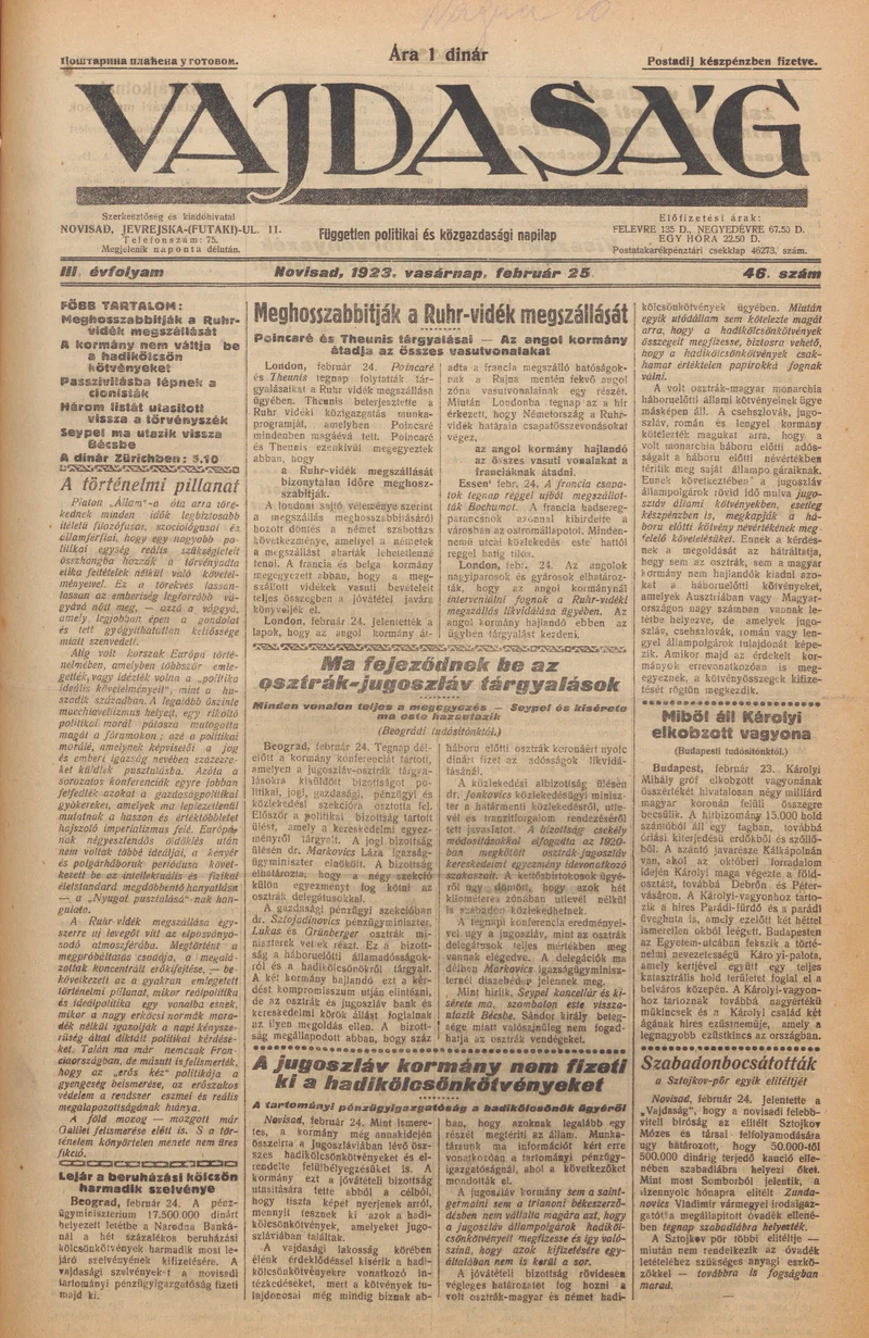 Vajdaság, 3. évf. 1923. február 25. 46. sz.