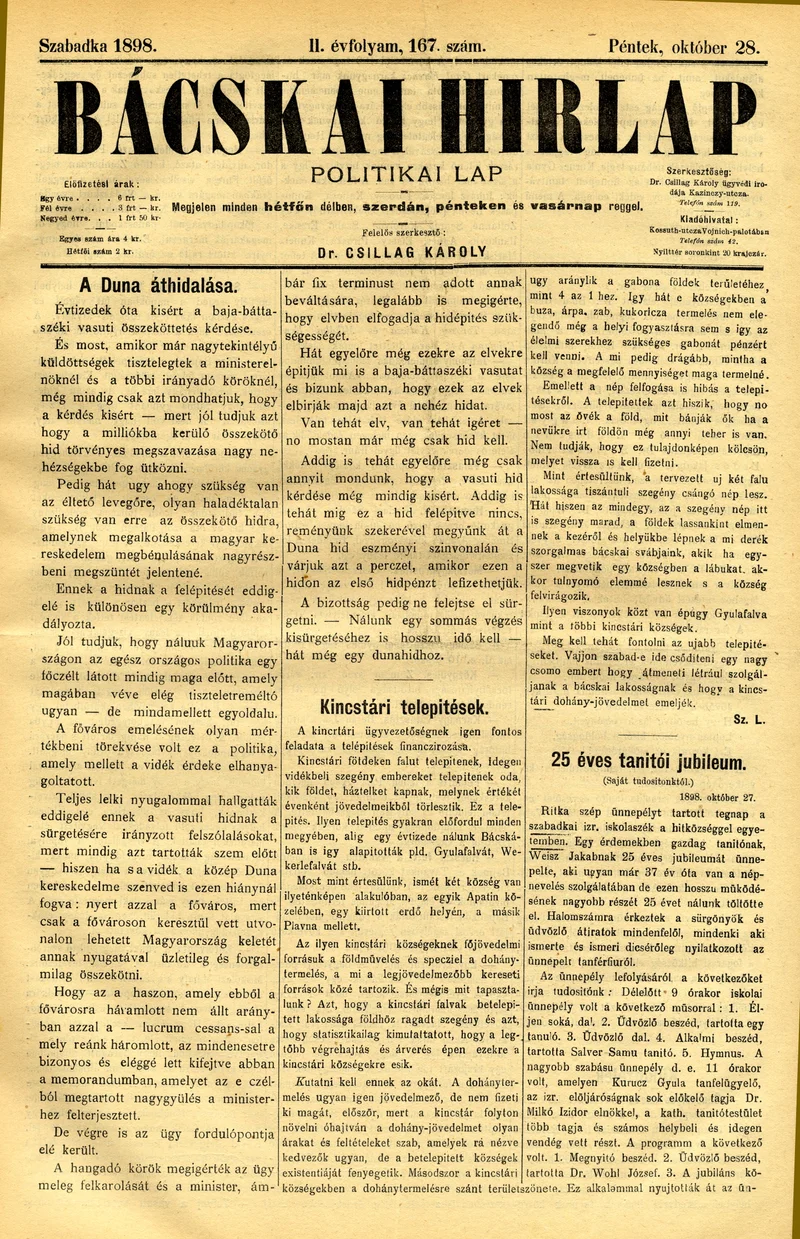 Bácskai Hirlap, 2. évf. 1898. október 28. 167. sz. 1–4. oldal
