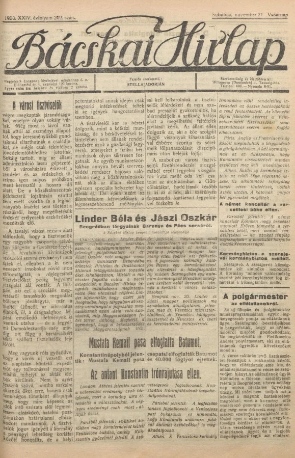 Bácskai Hirlap, 24. évf. 1920. november 21. 202. sz.