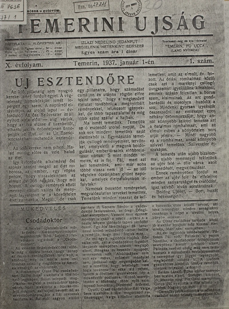 Temerini Újság 1928-1944, 10. évf. 1937. január 1. 1. sz.