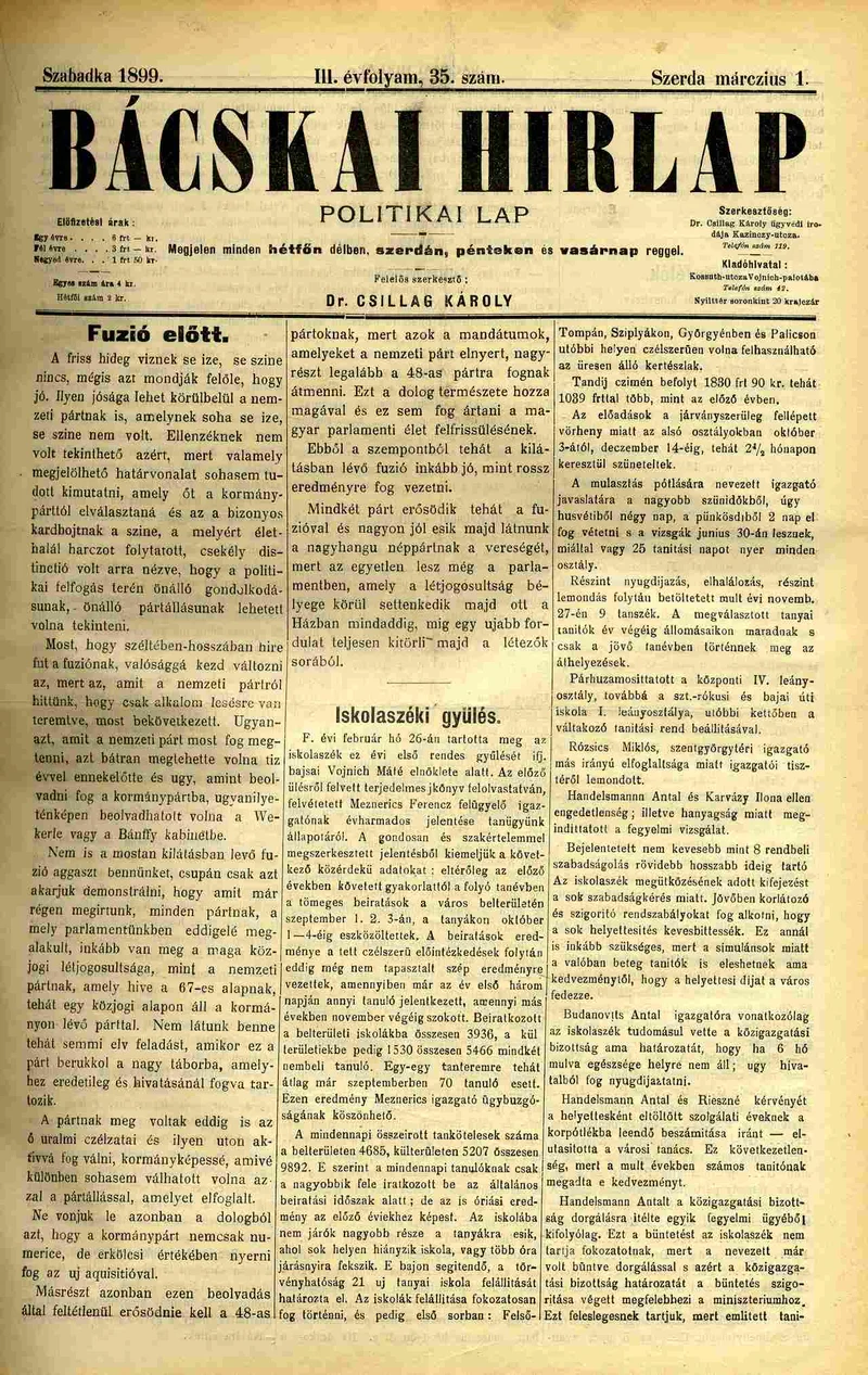 Bácskai Hirlap, 3. évf. 1899. március 1. 35. sz.