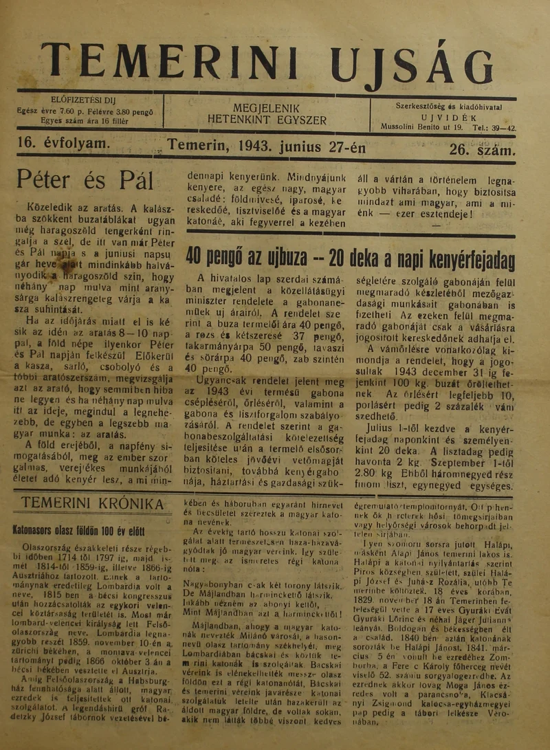 Temerini Újság 1928-1944, 16. évf. 1943. június 27. 26. sz.