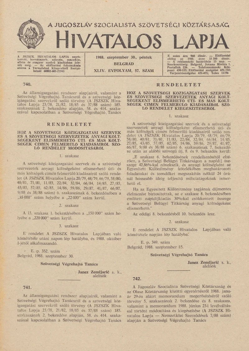A Jugoszláv Szocialista Szövetségi Köztársaság Hivatalos Lapja, 44. évf. 1988. szeptember 30. 57. sz. 1505–1528. oldal