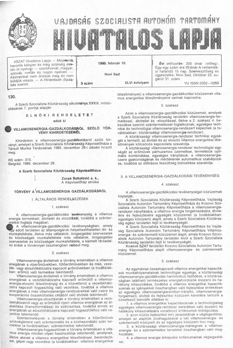 Vajdaság Szocialista Autonóm Tartomány Hivatalos Lapja, 46. évf. 1990. február 10. 3. sz.