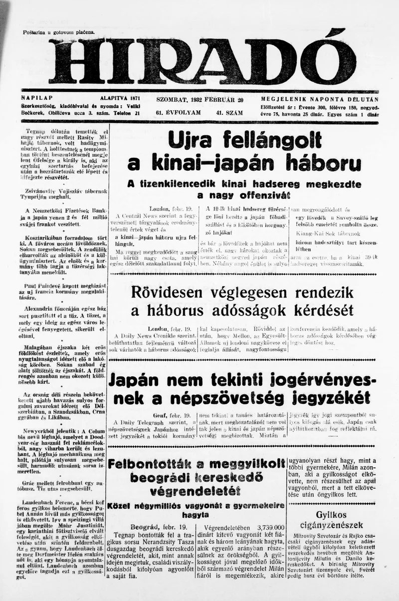 Híradó, 61. évf. 1932. február 20. 41. sz.