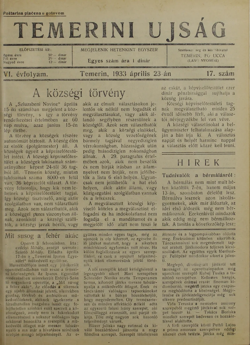 Temerini Újság 1928-1944, 6. évf. 1933. április 23. 17. sz.