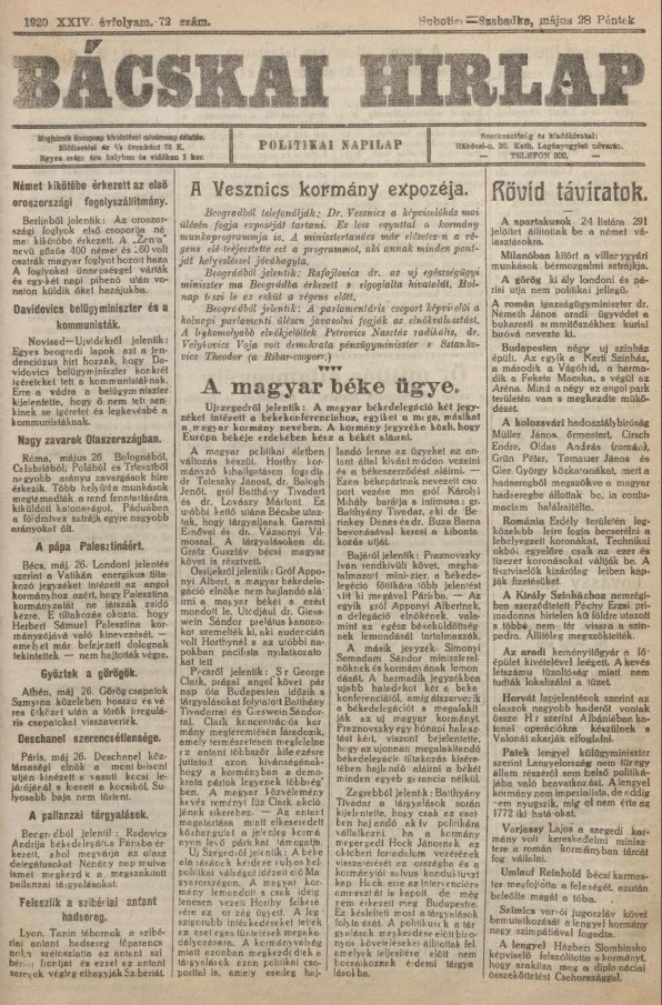 Bácskai Hirlap, 24. évf. 1920. május 28. 72. sz.
