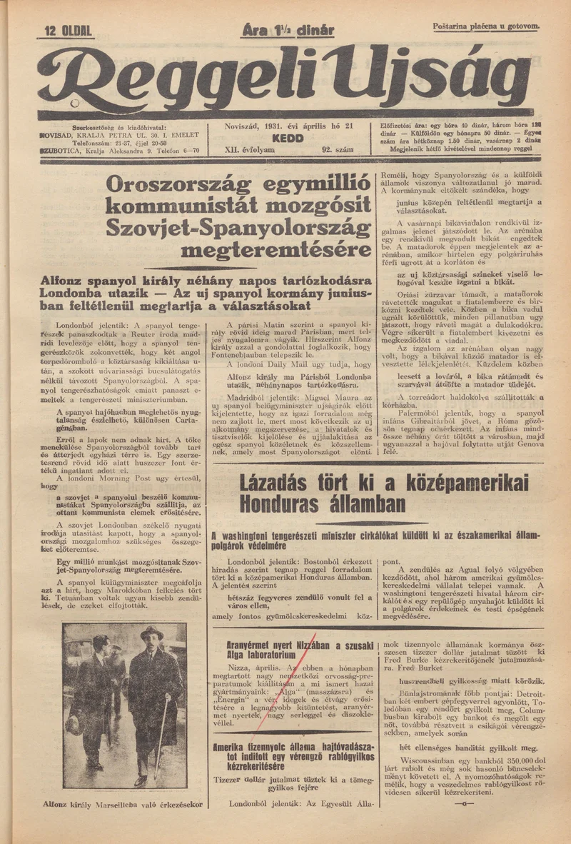 Reggeli Újság, 12. évf. 1931. április 21. 92. sz.