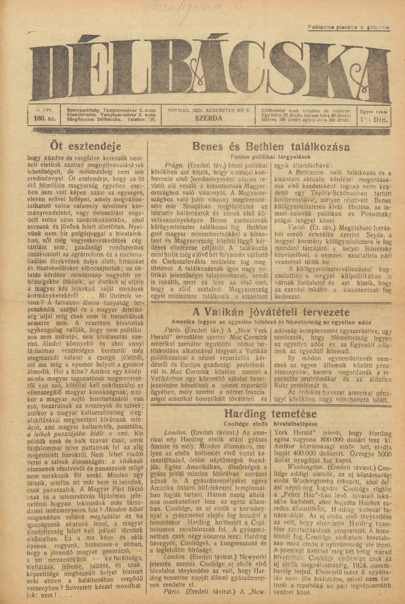 Délbácska, 4. évf. 1923. augusztus 8. 180. sz.