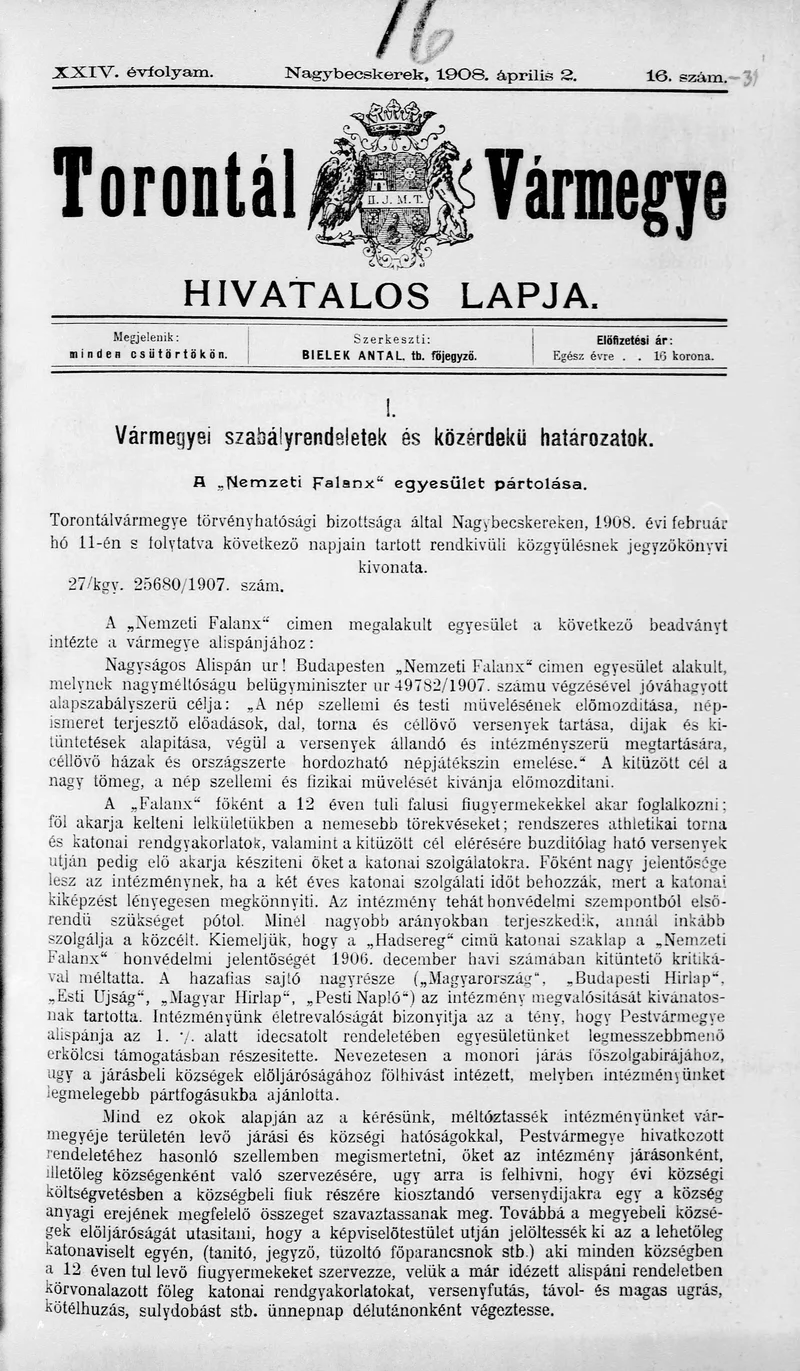 Torontál Vármegye Hivatalos Lapja, 24. évf. 1908. április 2. 16. sz.
