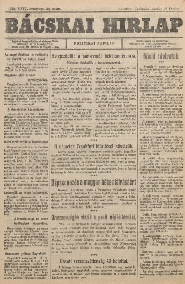 Bácskai Hirlap, 24. évf. 1920. április 30. 50. sz.