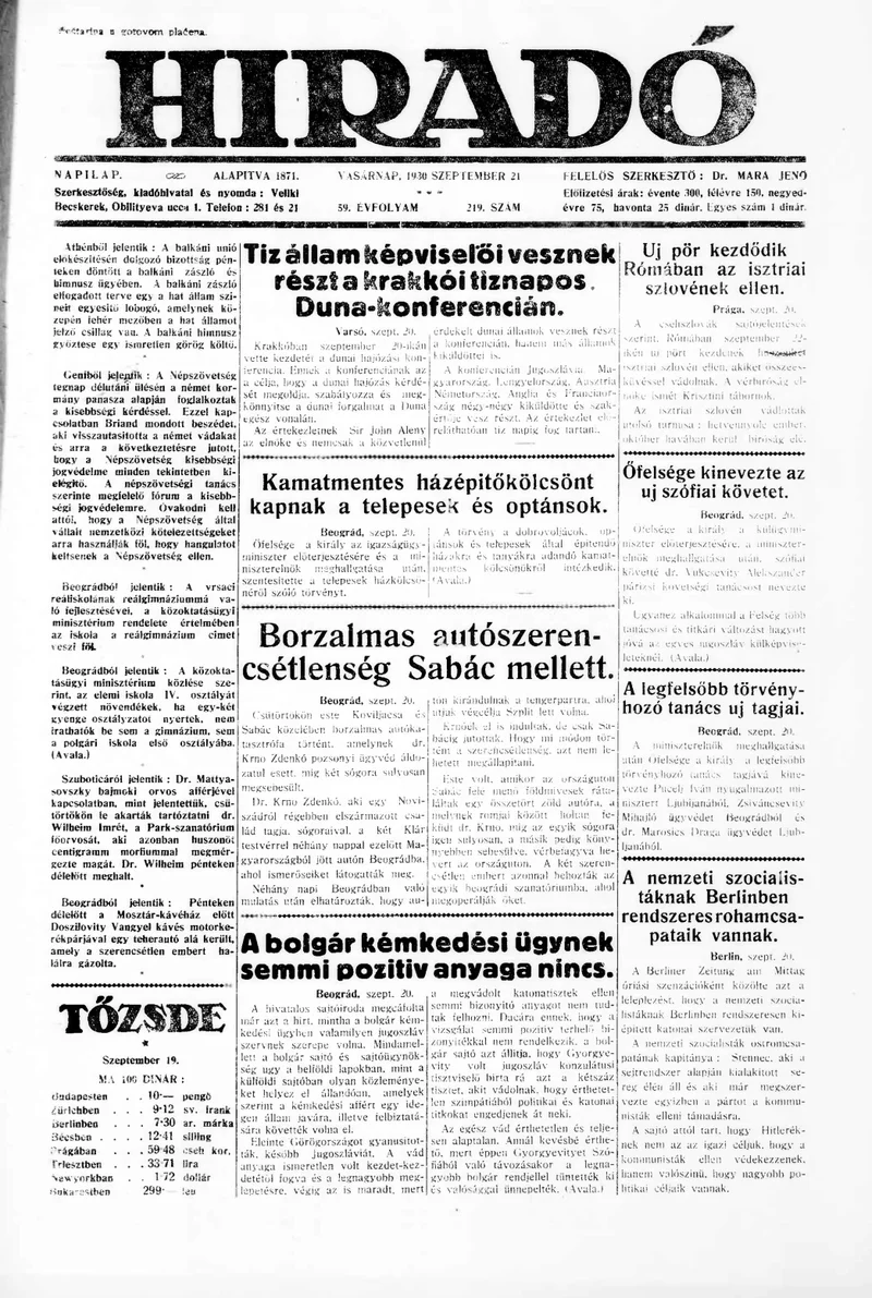 Híradó, 59. évf. 1930. szeptember 21. 219. sz.