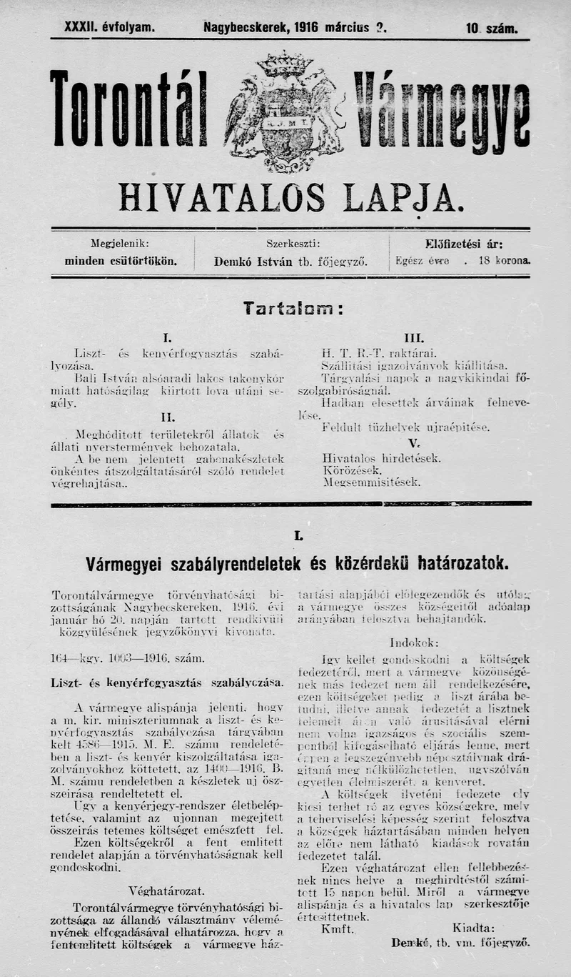 Torontál Vármegye Hivatalos Lapja, 32. évf. 1916. március 2. 10. sz.
