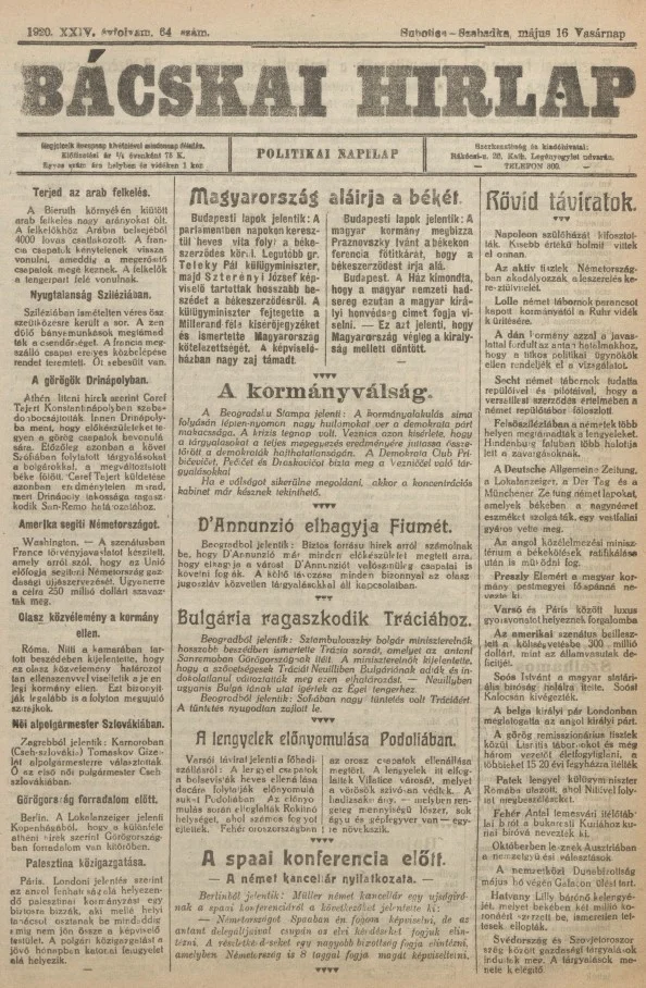 Bácskai Hirlap, 24. évf. 1920. május 16. 64. sz.
