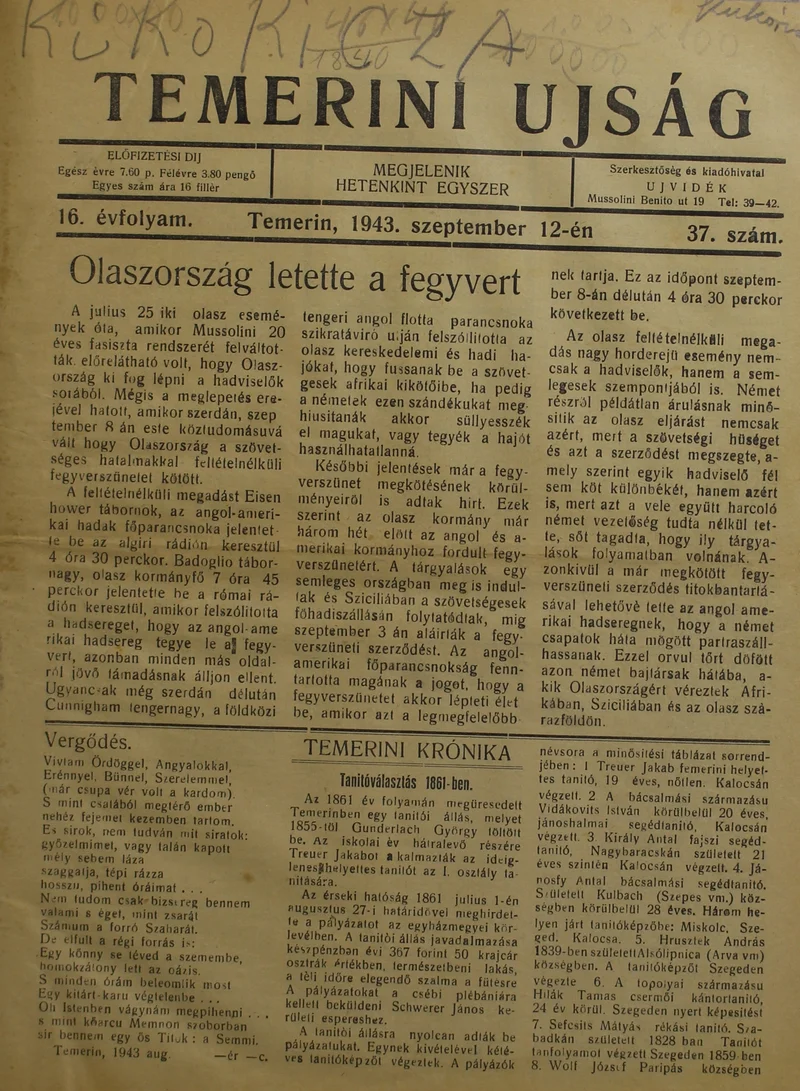 Temerini Újság 1928-1944, 16. évf. 1943. szeptember 12. 37. sz.