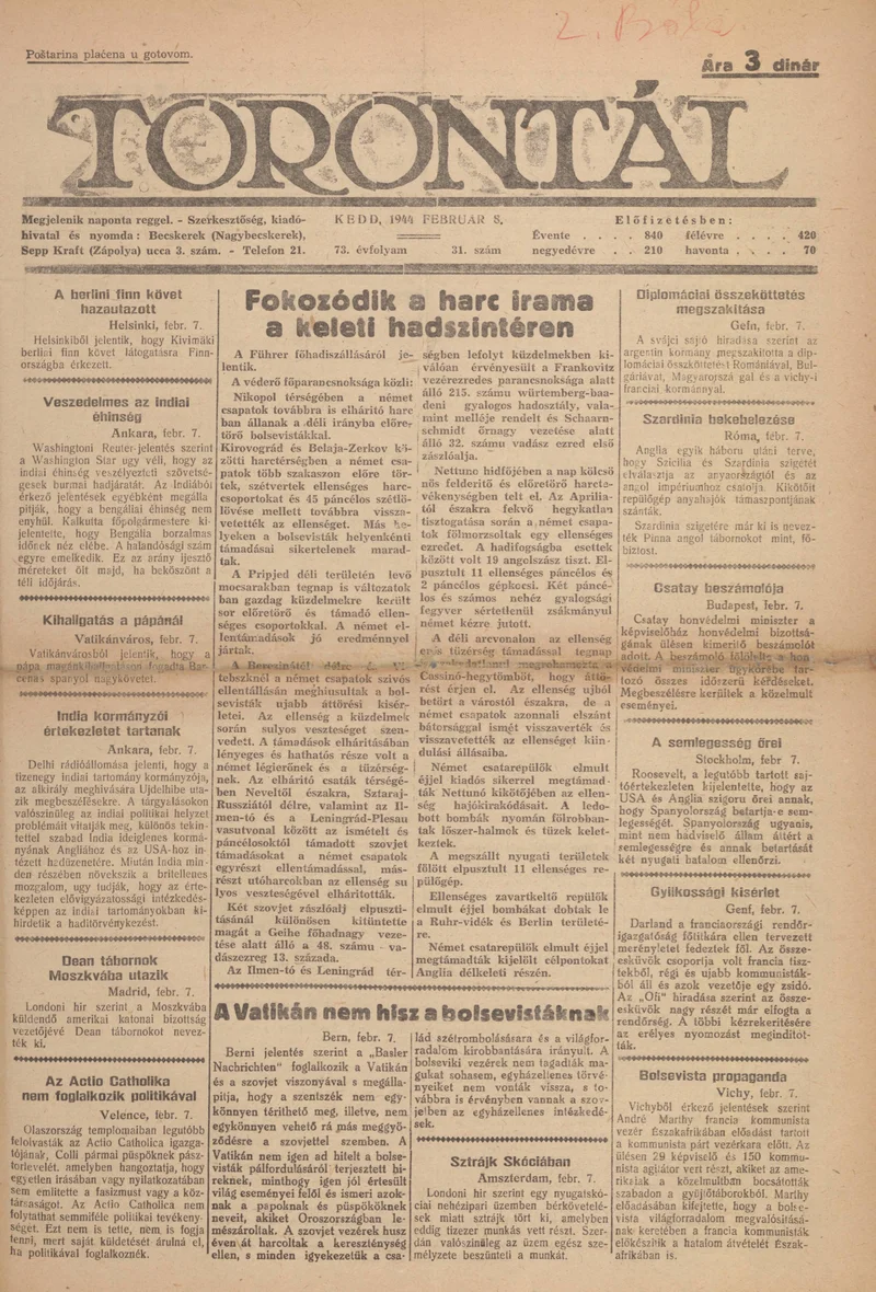 Torontál, 73. évf. 1944. február 8. 31. sz.