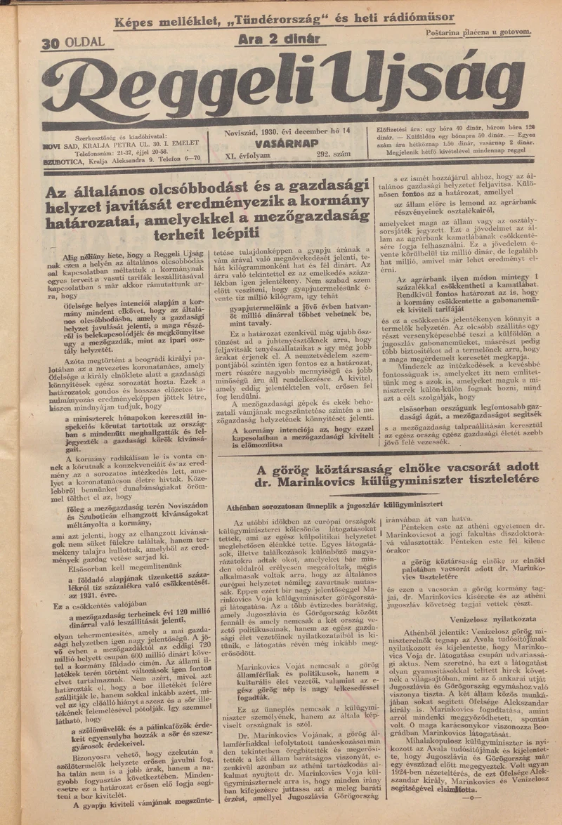 Reggeli Újság, 11. évf. 1930. december 14. 292. sz.