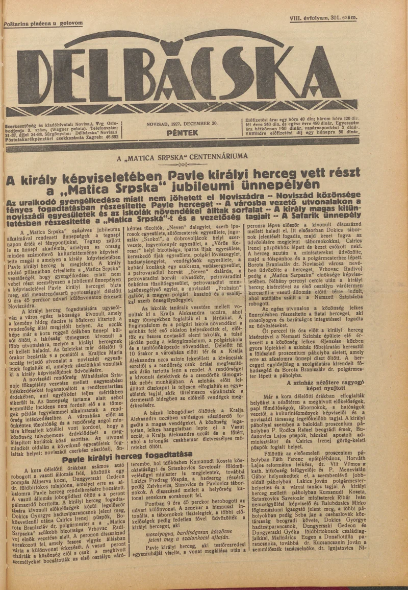 Délbácska, 8. évf. 1927. december 30. 301. sz.