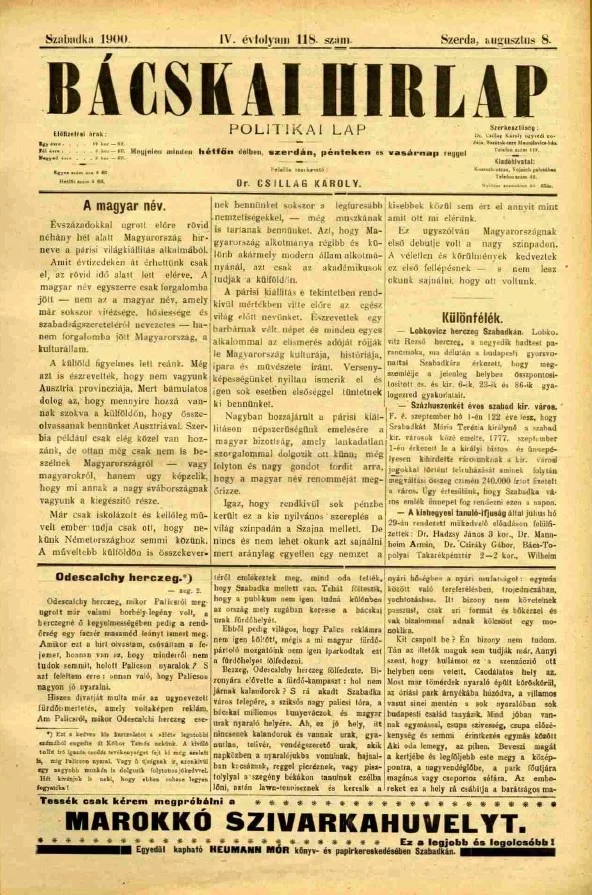 Bácskai Hirlap, 4. évf. 1900. augusztus 8. 118. sz.