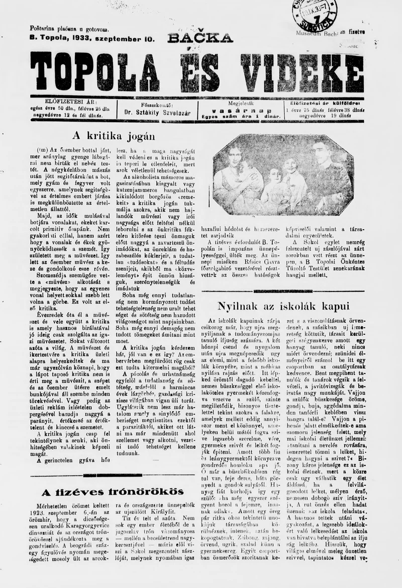 Bačka Topola és Vidéke, 10. évf. 1933. szeptember 10. 37. sz.