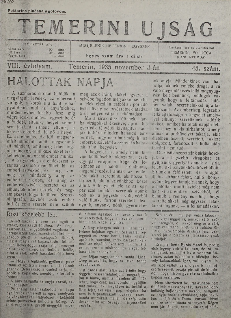Temerini Újság 1928-1944, 8. évf. 1935. november 3. 45. sz.