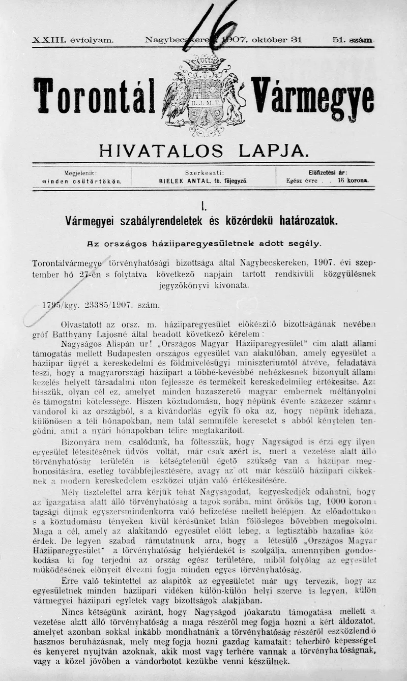 Torontál Vármegye Hivatalos Lapja, 23. évf. 1907. október 31. 51. sz.