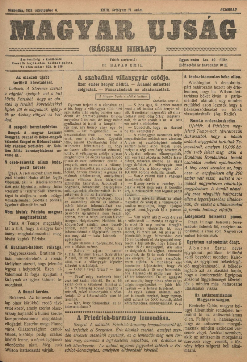 Bácskai Hirlap, 23. évf. 1919. szeptember 6. 71. sz.