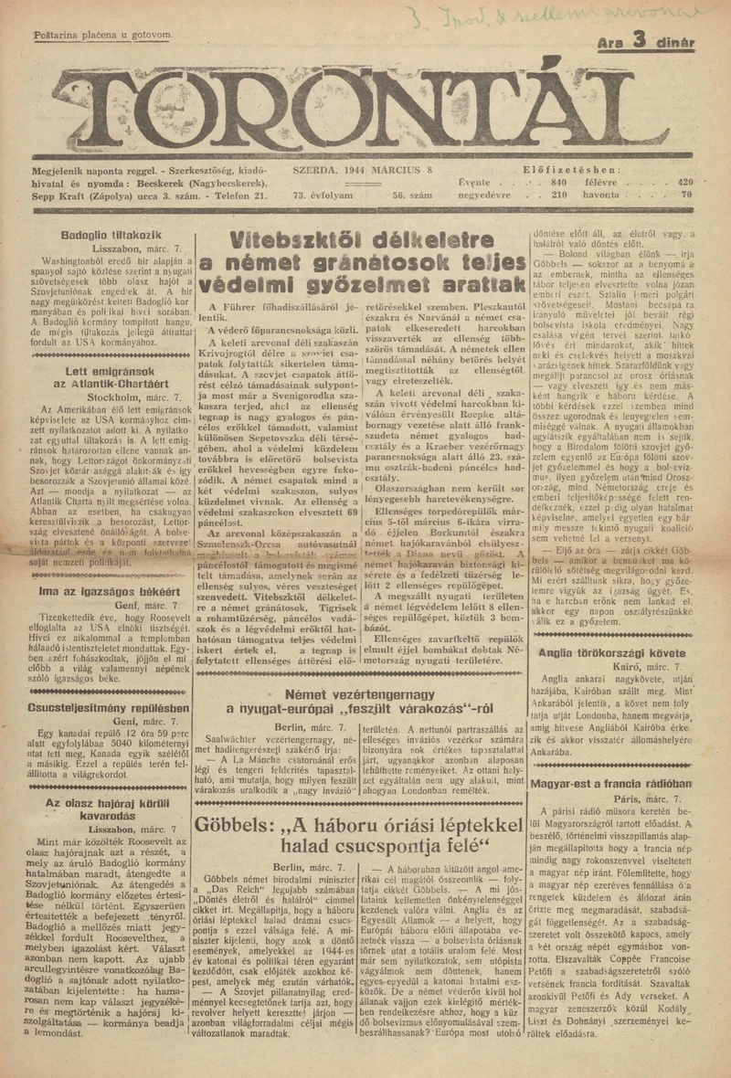 Torontál, 73. évf. 1944. március 8. 56. sz.