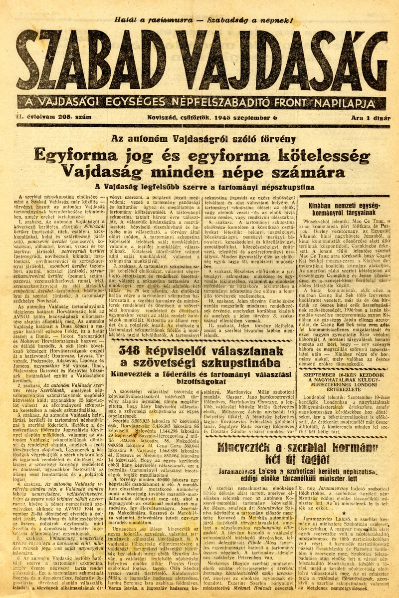 Szabad Vajdaság, 2. évf. 1945. szeptember 6. 205. sz.