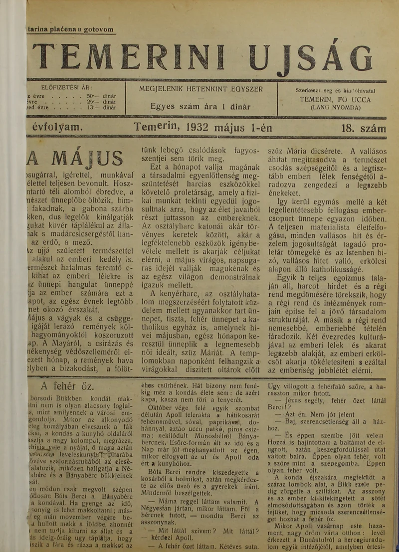 Temerini Újság 1928-1944, 5. évf. 1932. május 1. 18. sz.