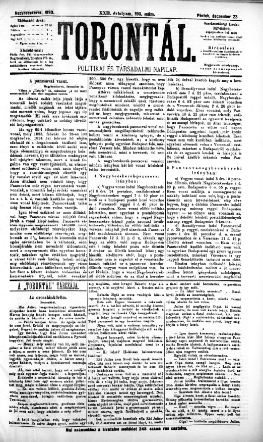 Torontál, 22. évf. 1893. december 22. 293. sz.