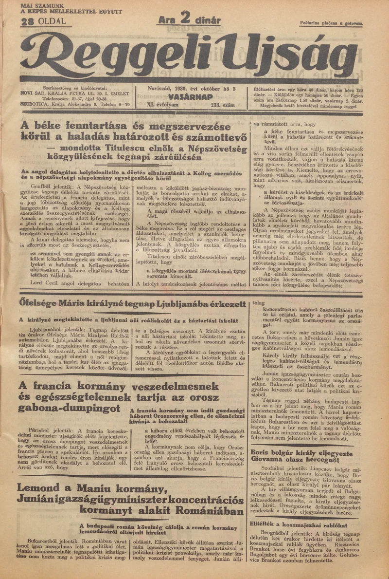 Reggeli Újság, 11. évf. 1930. október 5. 233. sz.