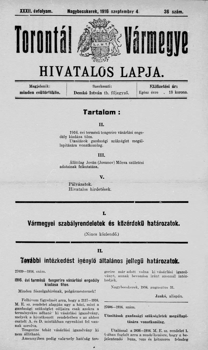 Torontál Vármegye Hivatalos Lapja, 32. évf. 1916. szeptember 4. 36. sz.