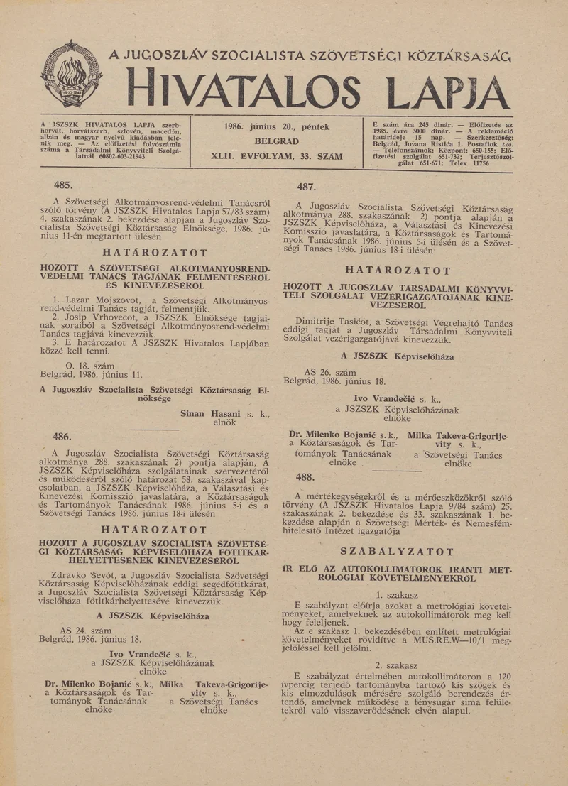 A Jugoszláv Szocialista Szövetségi Köztársaság Hivatalos Lapja, 42. évf. 1986. június 20. 33. sz. 1005–1032. oldal